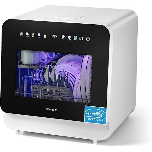 Hermitlux Countertop Dishwasher, Energy Star Portable Dishwashers Mini with 5 Place Settings, 8 Washing Programs & Color Screen, 5-Liter Built-in Water Tank for Apartments & RVs, No Hookup Needed