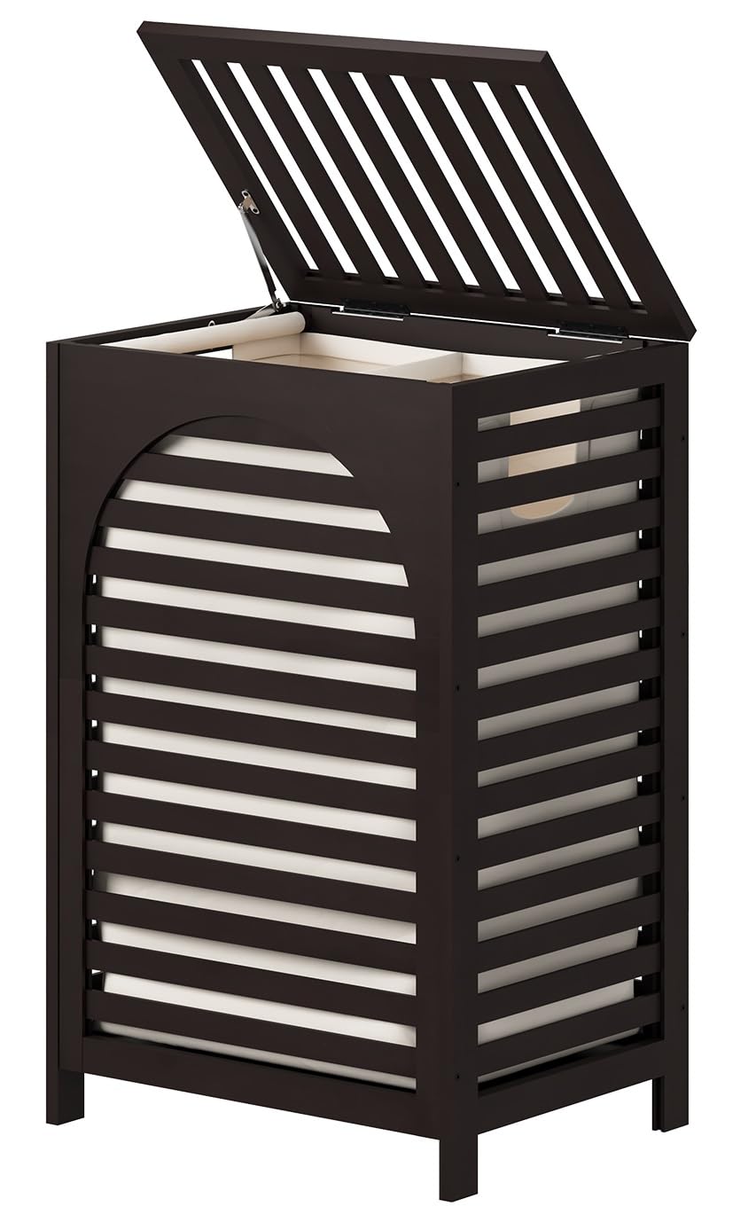 Laundry Hamper 22 5 Gallon 85L Bamboo Wood Clothes Laundry Basket with Lid and Handles Removable Liner Brown