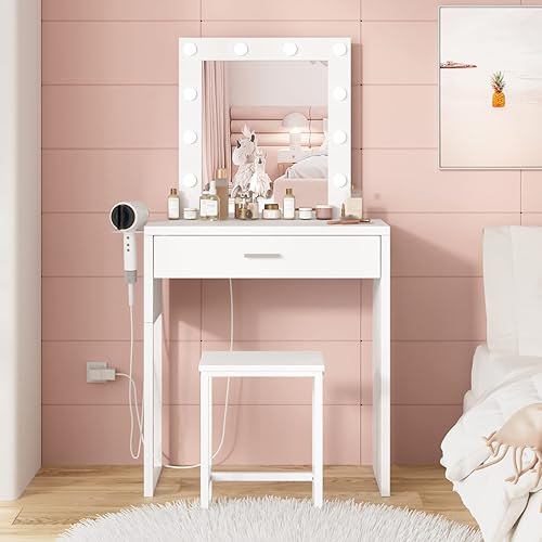 Small Makeup Vanity with Mirror and Lights, White Vanity Desk with Chair, Brightness Adjustable, Makeup Table Set for Girls' Bedroom