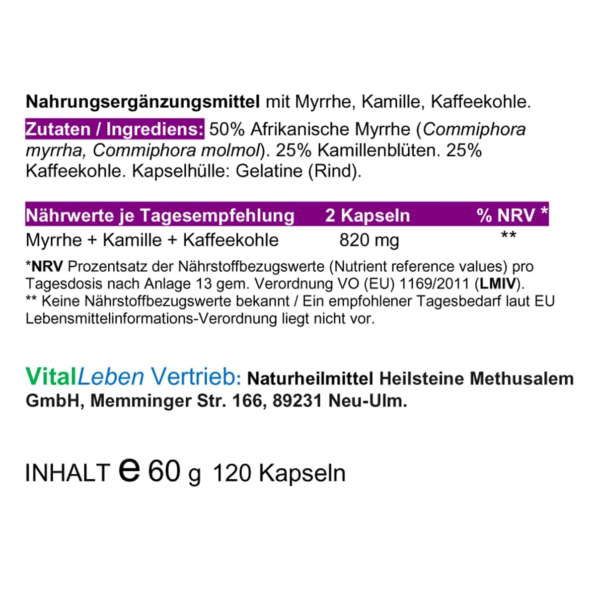 MYRRHE + KAMILLE + KAFFEEKOHLE 240 Pulver Kapseln (2x120) für den gestressten Darm nach AYURVEDA und Hildegard von Bingen - NATUR pur - OHNE ZUSATZSTOFFE [4 Monate] 27160-2