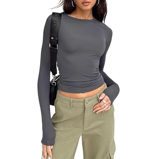 Hafailia Fitted Basic Long Sleeve Shirt Women - Skim Dupes Casual Y2K Long Sleeve Tops Crewneck Slim Fit Tshirt Tees Gray M