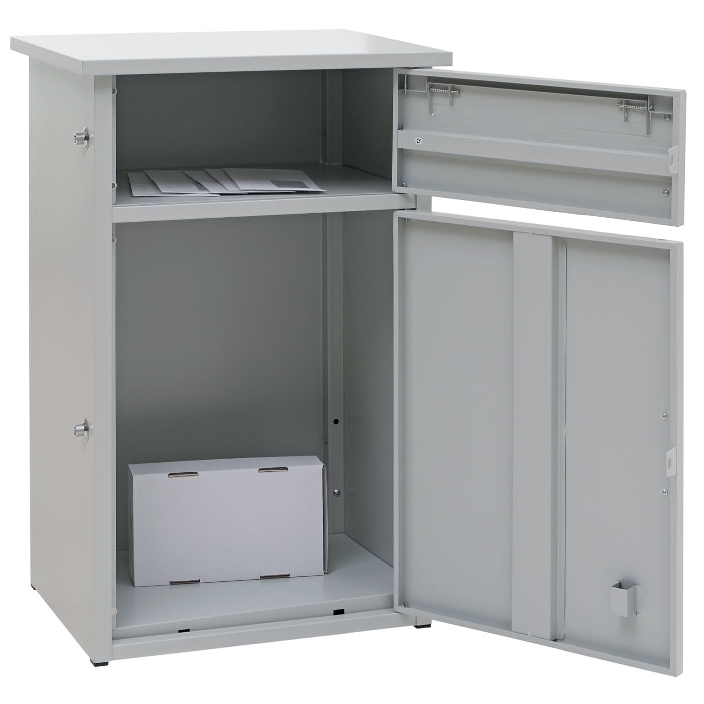 PROREGAL Paketkasten mit 2 Fächern HxBxT 78x49x38cm Stahl Grau Paketbox Paketfach Paketstation Briefkasten draußen groß XXL freistehend Schlüssel integrierte Rückholsperre