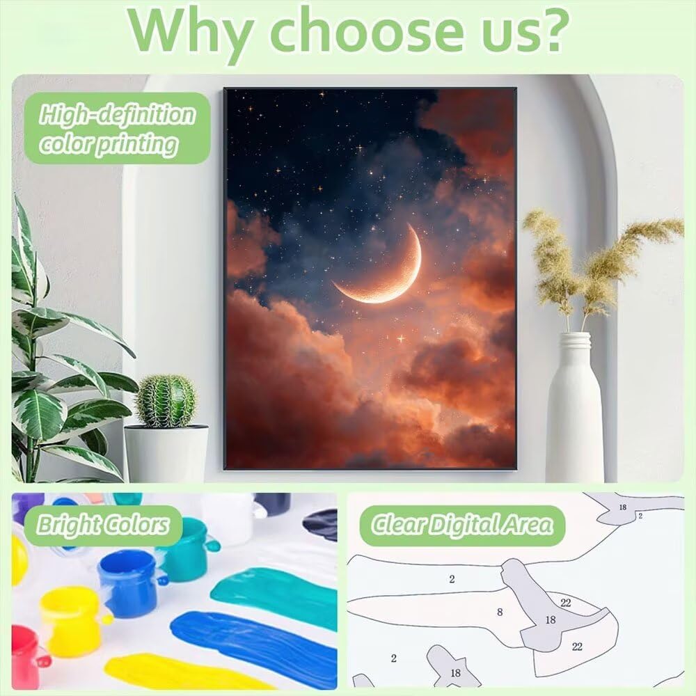 Malen Nach Zahlen Erwachsene DIY Komplettset - Hochwertige Acrylfarben & Leinwand - Entspannendes Kunsthandwerk für Anfänger & Fortgeschrittene - Ideales Home Deko - Mond Sterne Motiv (80x100cm) C-986