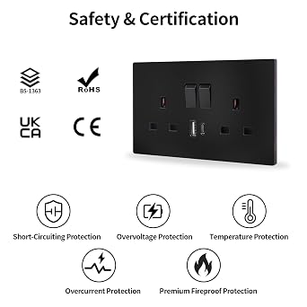 JIMEIDA 2 Pack 13A Double Switched Socket with USB, LED & 2 USB Ports Black