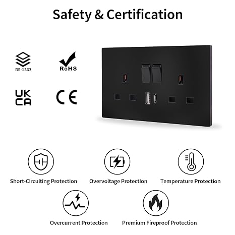 JIMEIDA 2 Pack 13A Double Switched Socket with USB, LED & 2 USB Ports Black