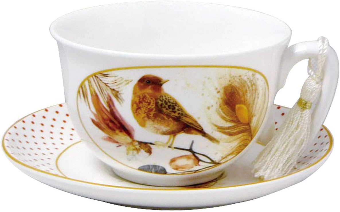 Lightahead High Quality Bone China Cappuccino Coffee Tea Cup and Saucer Set in attractive gift box in Sparrow Bird design 10 oz