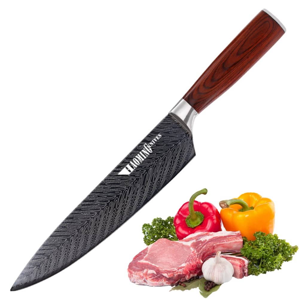 HaoMing Kitchen Knife 8 Inch Damascus Pattern Chef's Knife High Carbon Stainless Steel Sharp Paring Knife with Ergonomic Color Wood Handle with Gifted Box