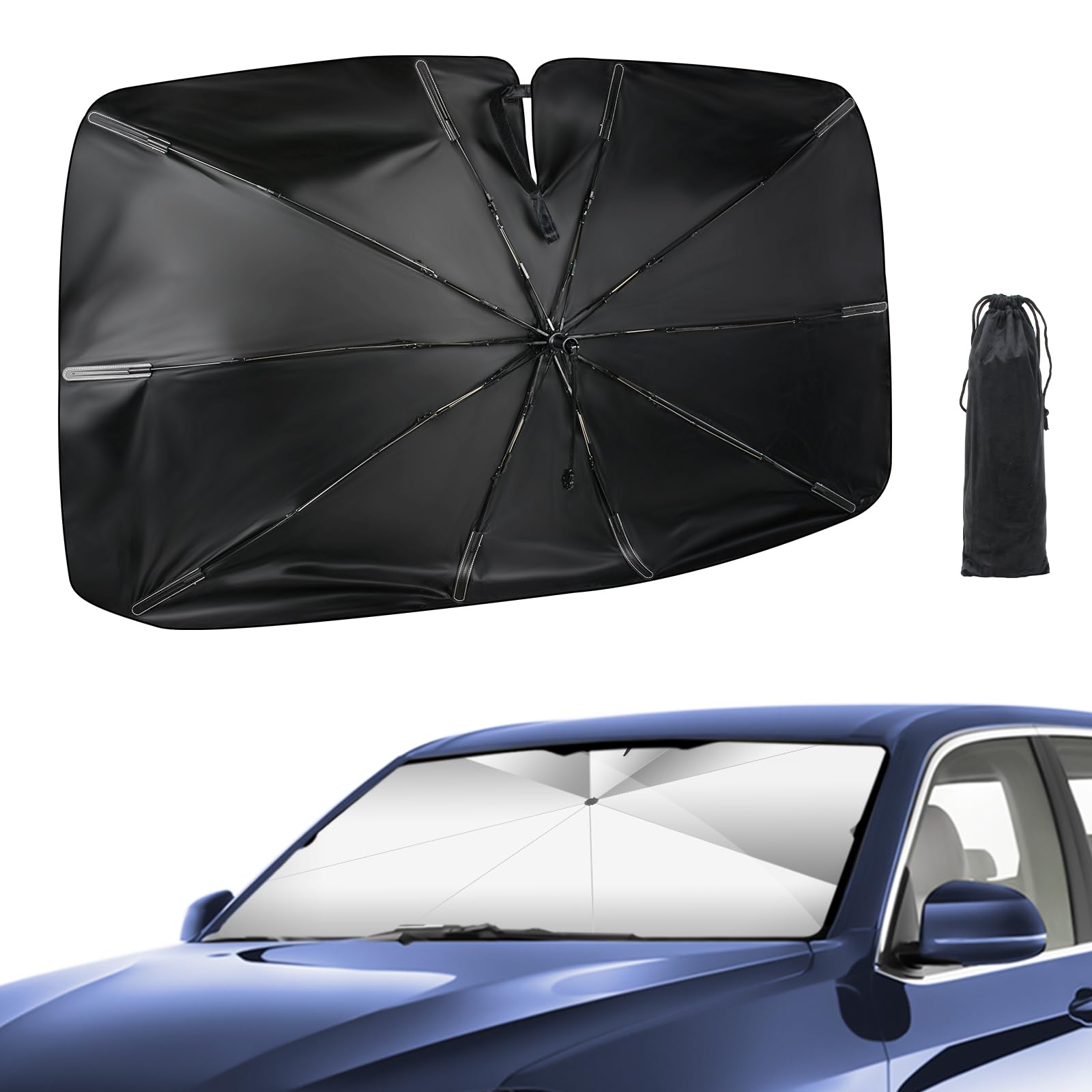 Pare-Soleil Voiture Pare-Brise Avant, 145x85cm Grande Taille,Protection UV & Anti-Chaleur Pliable Poignée pivotante, avec Découpe pour Rétroviseur – Idéal pour SUV et pour Voiture.