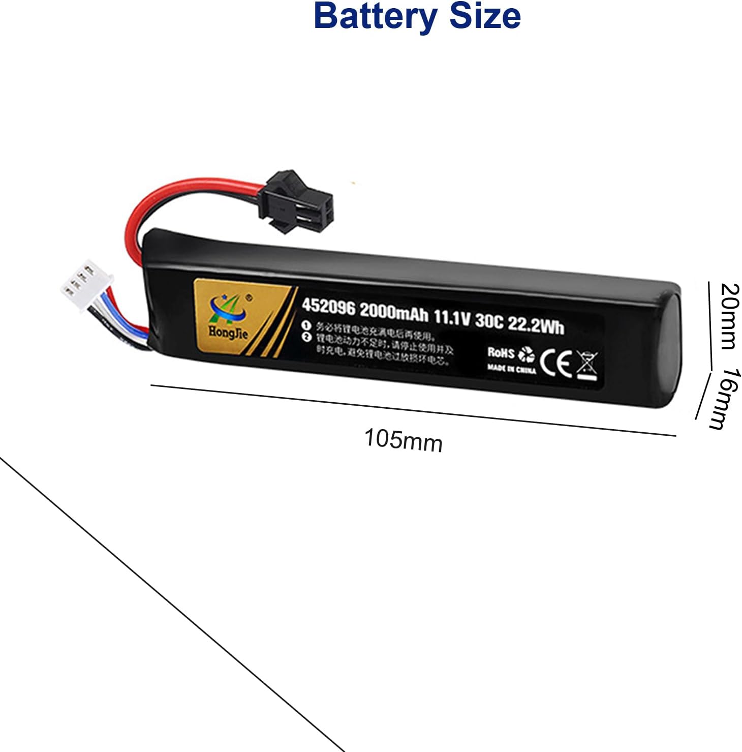 NOUCHU 6 Pack 452096 11.1V 2000mAh 30C Rechargeable Lithium Battery with Black Plug for Airsoft Gun