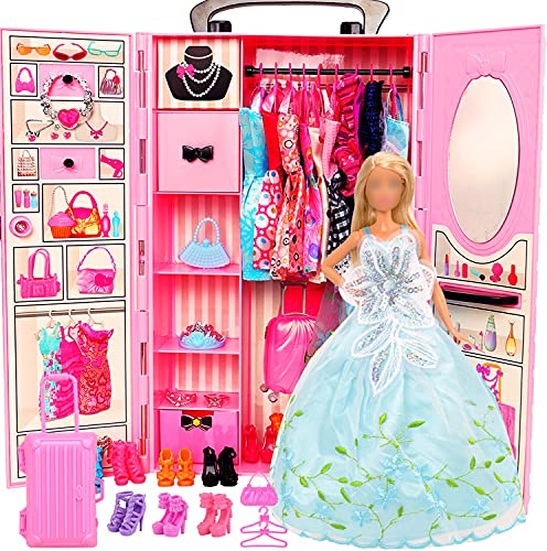 Miunana Lot 69 pcs 11.5 inch Girl Doll Closet Wardrobe with Clothes and Accessories Include Trunk Clothes Crown Necklace Shoes Hanger Bags and Other Accessories