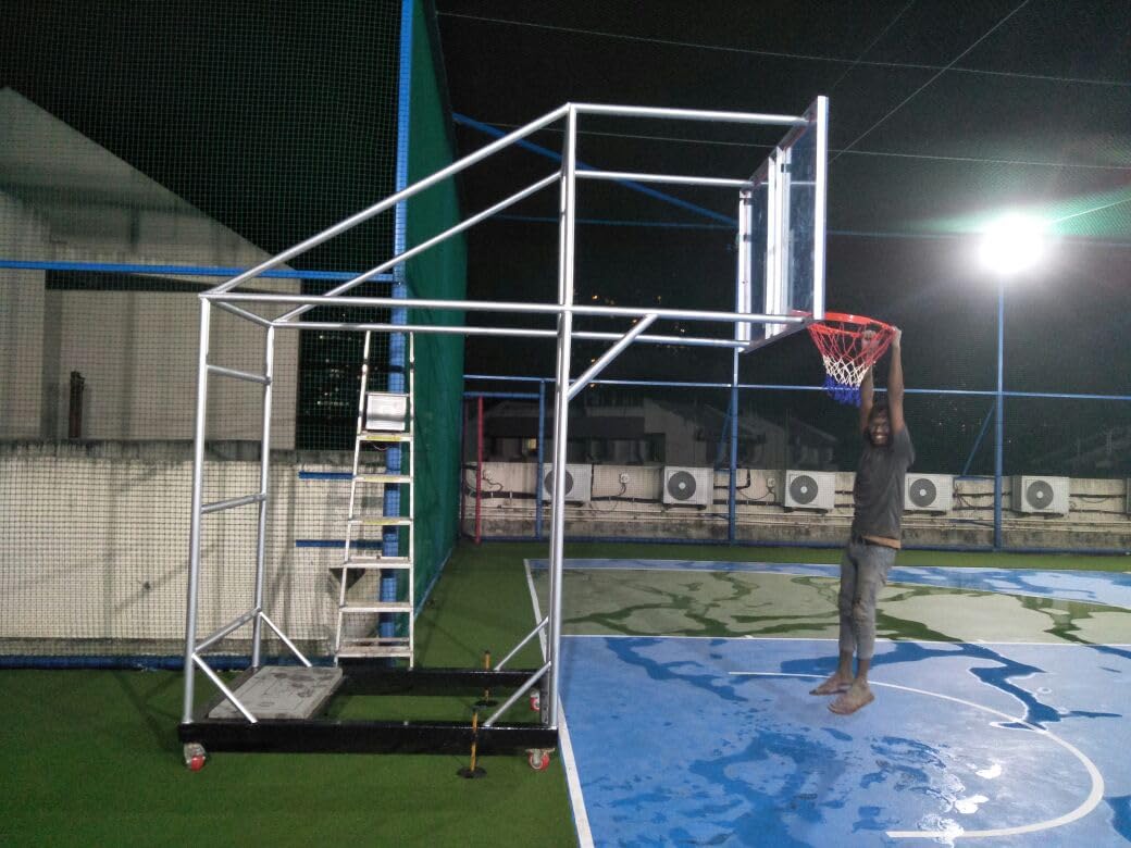 QUALITY SPORTS Basketball Movable Pole with Trolley Base β Heavy Duty MS Frame, 10ft Height, Acrylic Backboard 1.5m x 1.08m, Dunking Ring & Net, PP Wheels, Silver Finish 2