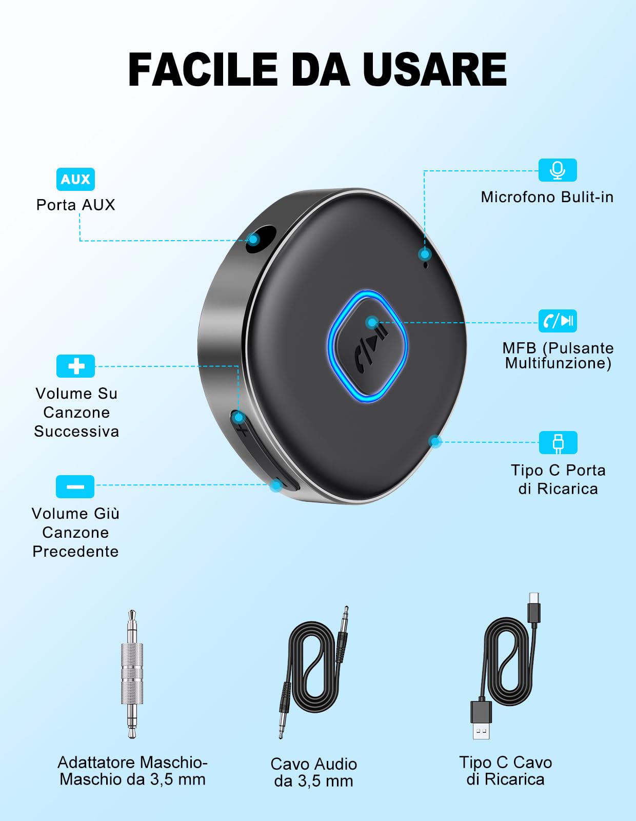 Mohard Ricevitore Bluetooth 5.3, Mini Aux Bluetooth Auto per Stereo/Cuffie Cablate/Altoparlante, Jack 3.5 mm Adattatore Amplificatori, 16 Ore di Riproduzione, Chiamate in Vivavoce, Connessione Doppia