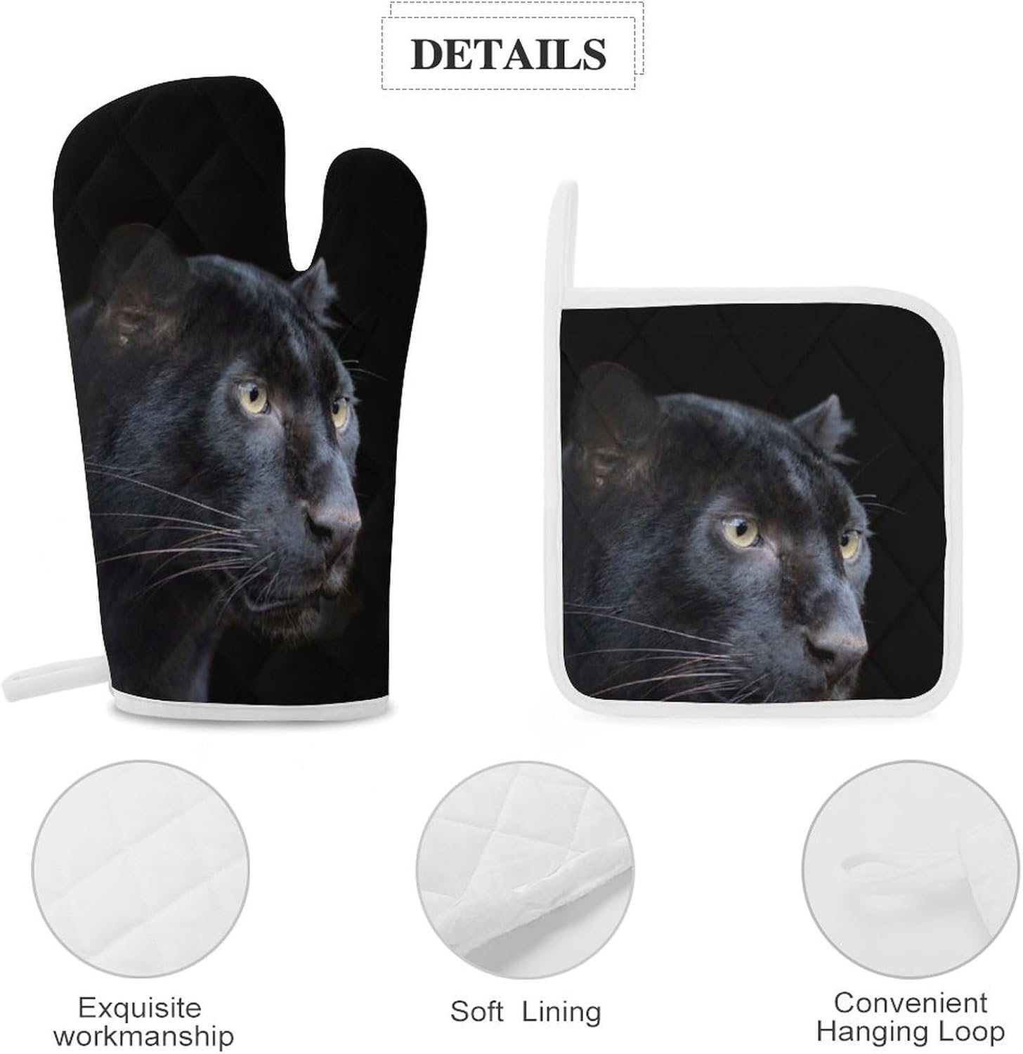 Wild Panther Print Oven Mitts and Pot Holders 3 Piece Sets Heat Resistant Gloves Hot Pads Potholders for Kitchen Baking Cooking