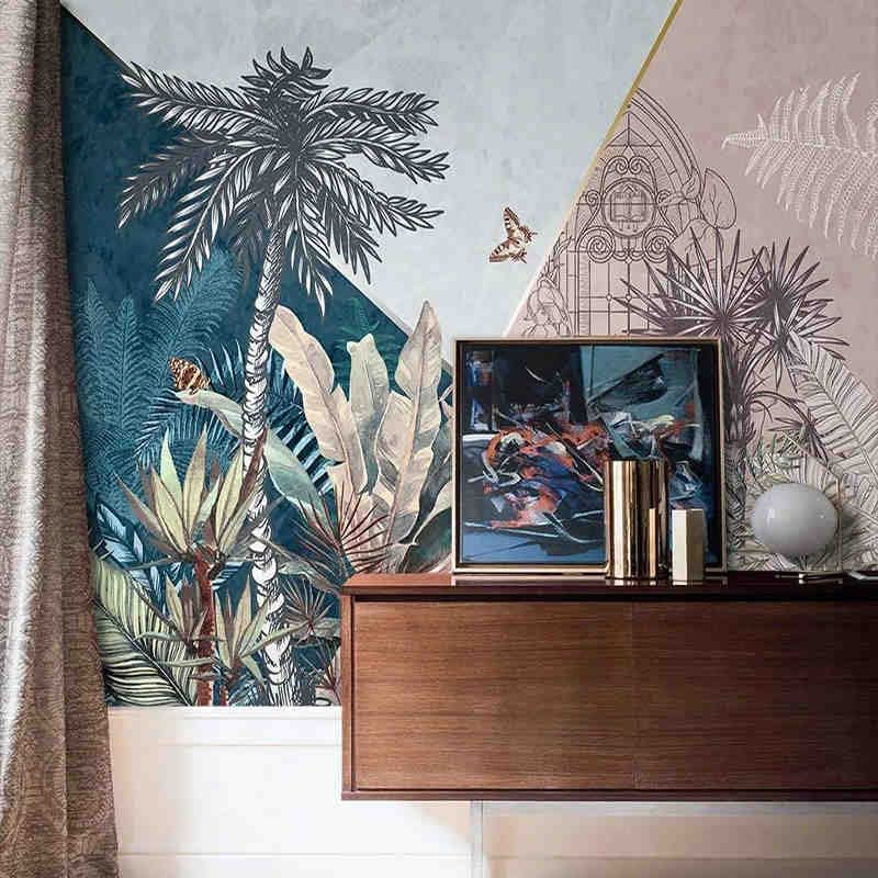 Nórdico pintado a mano plantas tropicales 3D geométrico selva tropical palmera Mural sala De estar TV Fondo Papel De pared Papel De pared