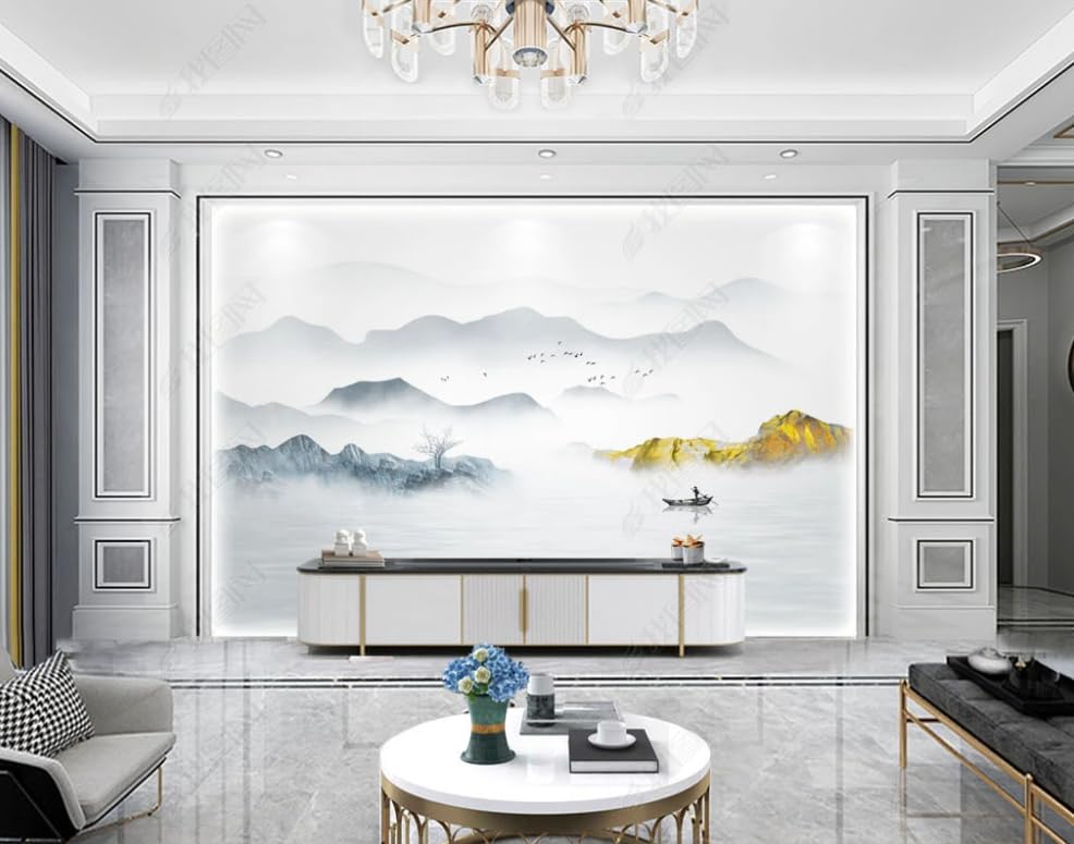 Papier peint encre de paysage chinois pour décoration murale de chambre