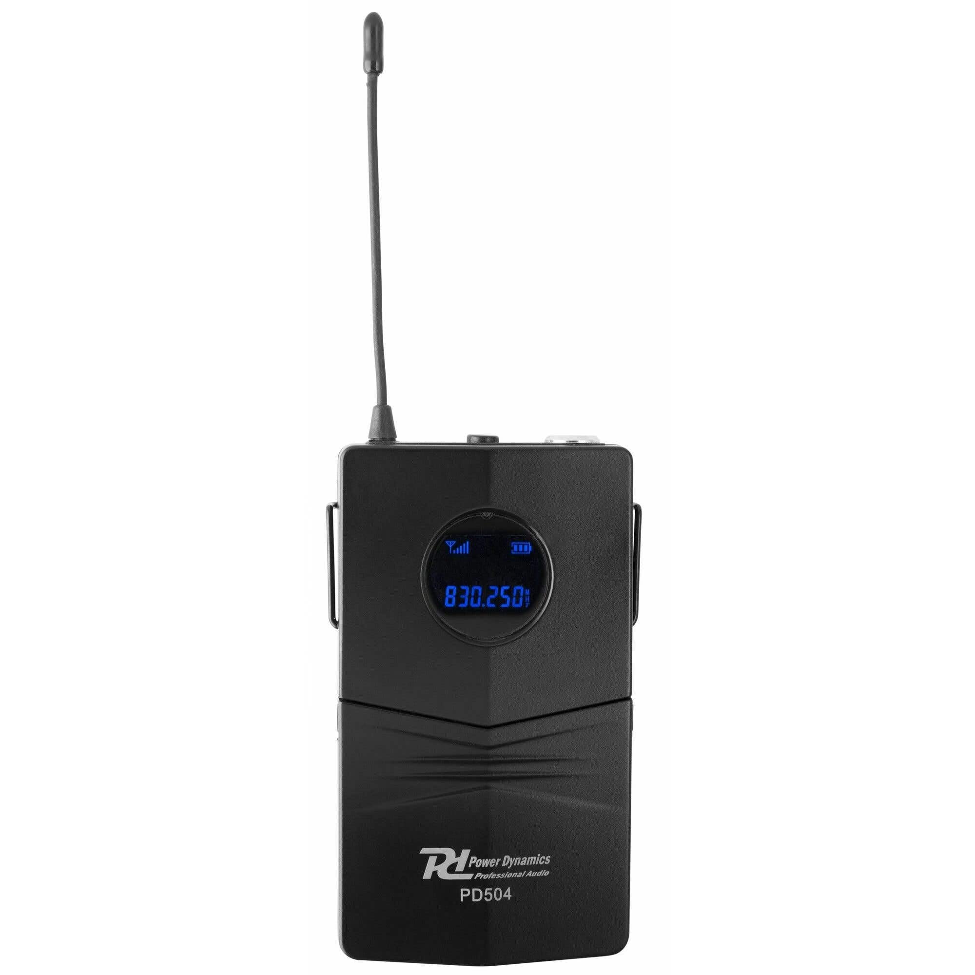 Power Dynamics PD504B UHF Set de Micrófonos inalámbricos. El Pack Incluye: un Receptor, 4 petacas emisoras, 4 bodypacks, 4 micrófonos de Diadema Color Beige y 4 micrófonos de Solapa