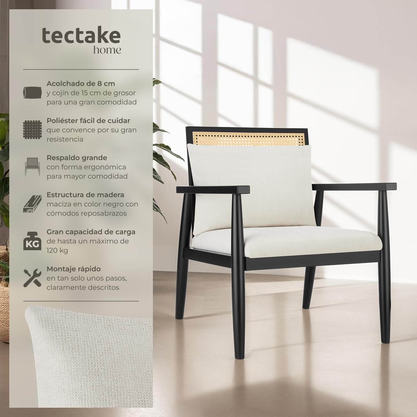 tectake® Sillón Vintage con Mimbre Vienés y Cojín Extraíble, Butaca de Salón con Reposabrazos y Gran Respaldo, Sillón Lectura, Sillón Relax de Fácil Montaje y Limpieza, Ideal Mueble Salón, Dormitorio