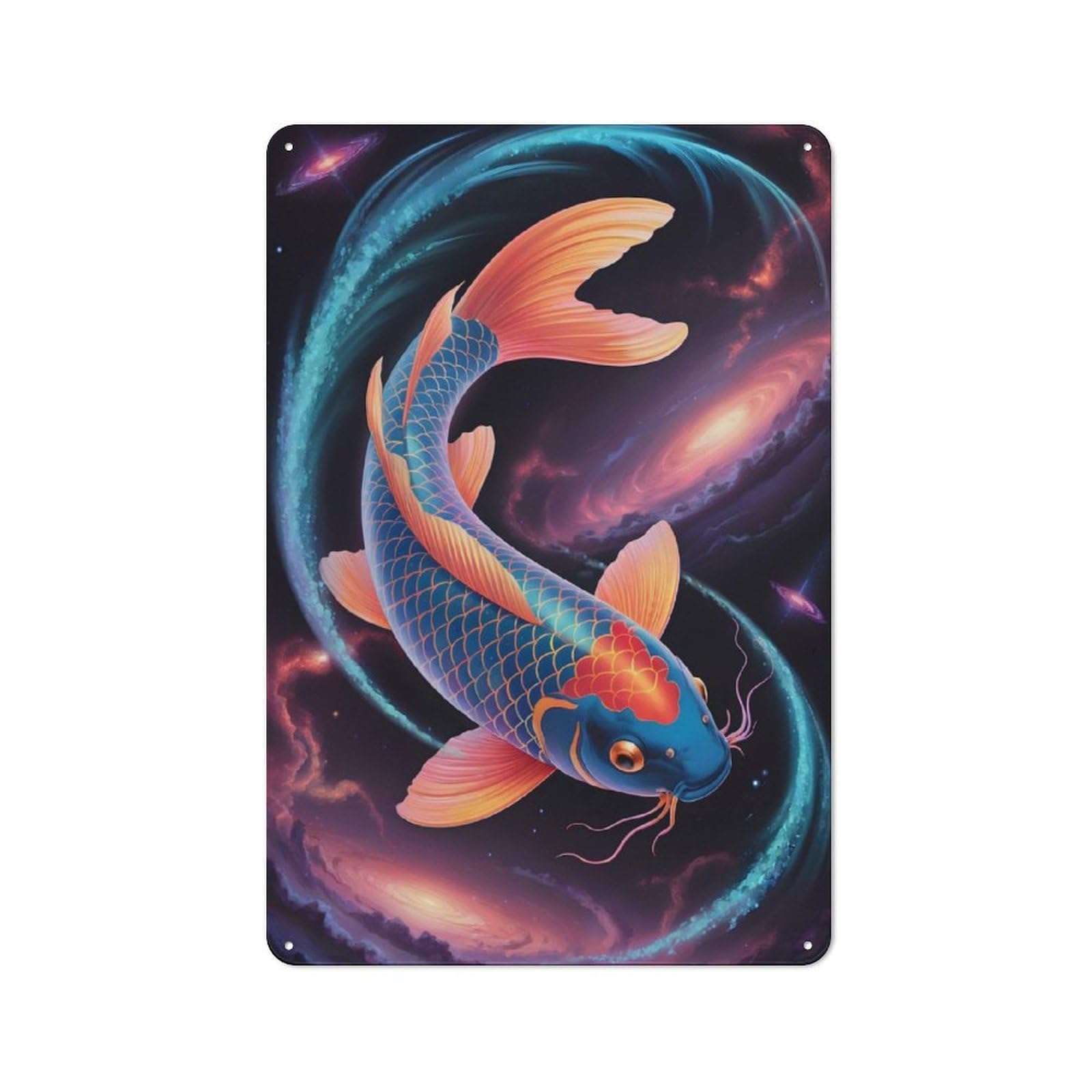 Cosmic Koi Fish Outdoor Room Metal Wall Decor 30x20cm, Rustic Tin Sign for Shed, Garden Room, Porch Or Garage