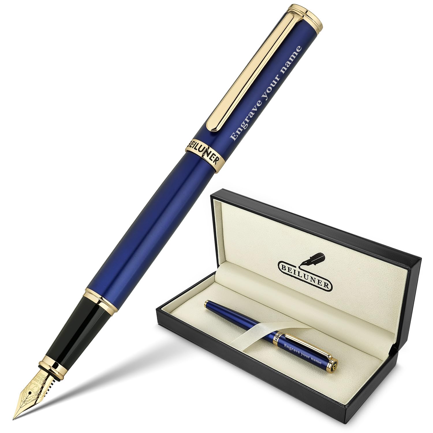 BEILUNER Blue Personalized Fountain Pen Stunning Luxury Lacquer 24K Gilded Nib Fine Gorgeous 24K Gold Finish Ink Converter