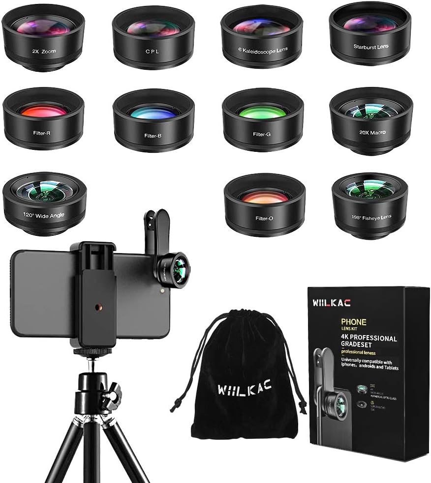 Phone Camera Lens, 12 in 1 Cell Phone Lens Kit with Tripod for iPhone and Android, 120° Wide Angle + 198° Fisheye + 20X Macro + Zoom Telephoto + CPL + Kaleidoscope + Starburst + 4 Color Filter Lens