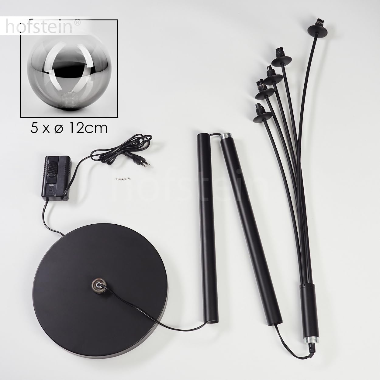 Stehleuchte Bernado, dimmbare Stehlampe aus Metall/Glas in Schwarz/Rauchfarben/Klar, Standleuchte mit Glaskugeln (Ø 12 cm), Höhe 174,5 cm, stufenlos dimmbar über Fußschalter, 5 x G9, ohne Leuchtmittel