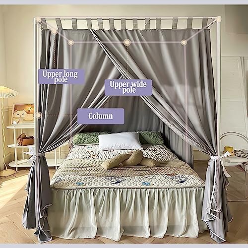 Elegant Bed Frame Curtain Canopy Cozy Drape Bed Netting Canopy Frame with Curtain 4 Corners Post Canopy Bed Curtain for Adults,Grey,Twin