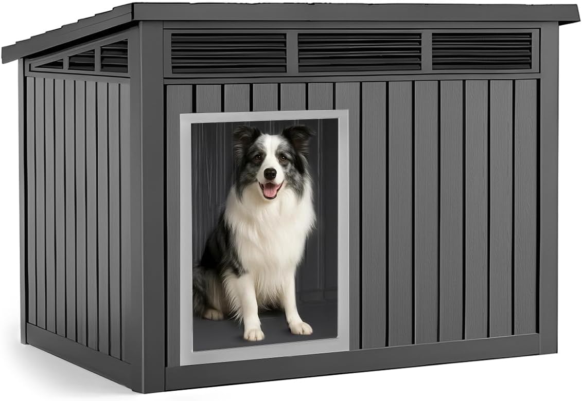 VIXZEN Dog House Outdoor, Indoor Dog House Medium Size Dog with Weatherproof PP Resin Material, Doghouse Outdoor with Openable Roof for Easy Cleaning, Sloped Roof, Air Vents, Easy Assembly (Gray)
