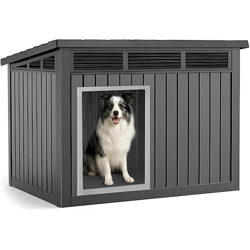 Dog House Indoor Outdoor,Resin Waterproof Puppy Shelter with Air Vents and Elevated Floor,Air Rod on Top to Open,Dog Kennel for Small to Medium Dogs(Black,32.2 * 25.12 * 24.13)