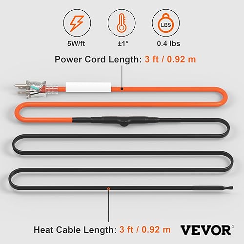Miniatura 7 de VEVOR Cable de calefacción de tubería autorregulante cinta de calor de 80 pies y 5 Wpies para tuberías protección contra congelación protege la