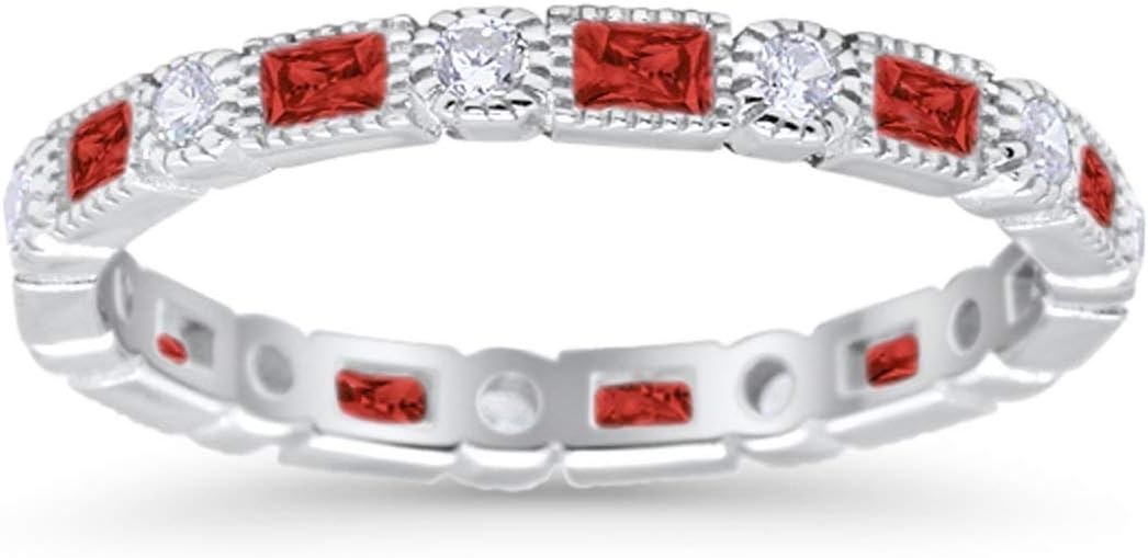 Blue Apple Co. 3mm Art Deco Full Eternity Wedding Band Baguette Round Cubic Zirconia 925 Sterling Silver Choose Color
