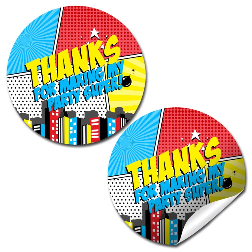 Comic Book Super Hero Theme 40 Birthday Thank You Sticker Labels 2" Party Circle Stickers, Kids Party Stationery Set, for Favors, Seals & Goodie Bags,