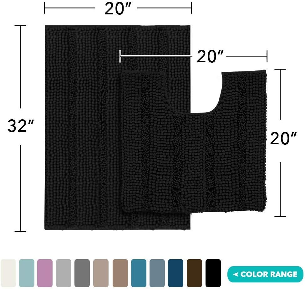 Turquoize Chenille Bath Rug Bundle Order Bath Runner 47" X 17" and Bath Toilet Rug Set 32" x 20"/20" x 20" Black