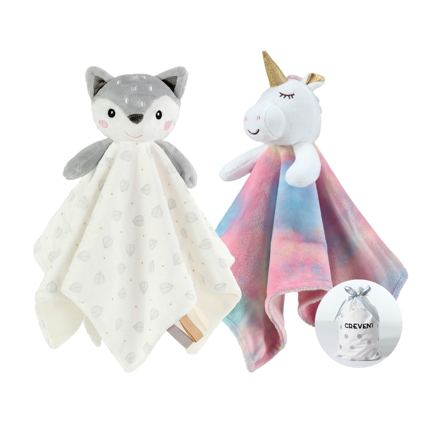 CREVENT Cozy Plush Baby Security Blanket, Loveys for Baby Girls and Boys, Birthday (Unicorn + Deer)