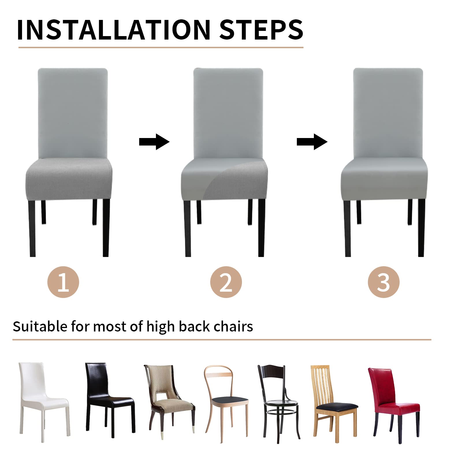 Lydevo Fundas para Sillas Comedor XL Pack de 6 Grande Fundas Elásticas para Silla de Comedor Ajustable Lavables Universal Spandex Cubierta de Sillas para Cocina Hotel Restaurante,Hollín