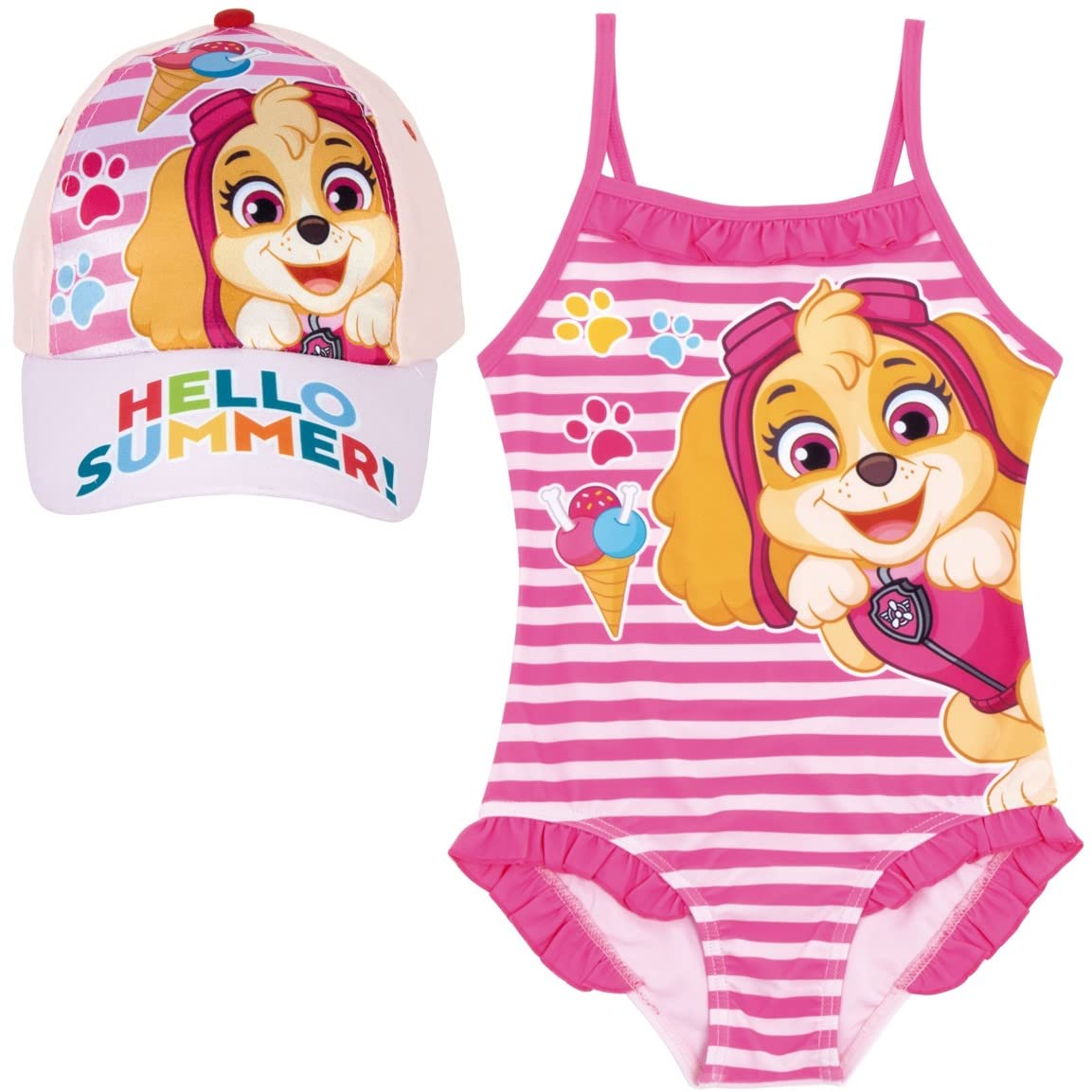 Requeteguay Urban RU Bañador Patrulla Canina para Playa o Piscina + Gorra Paw Patrol para Niñas | Pack de Bañador y Gorra Patrulla Canina | Bañador Paw Patrol para Niñas y Gorra Skye