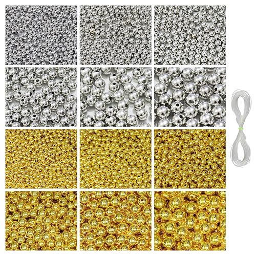 Image of 1800 Pcs Golden & 1800 Pcs Silver Beads for Bracelets Making - Beads for Jewellery Making Kit, Bead Craft, Crafting, Beading, Beadwork, Pearls for Craft - 4, 5, 6, 8, 10, 12MM - 360g