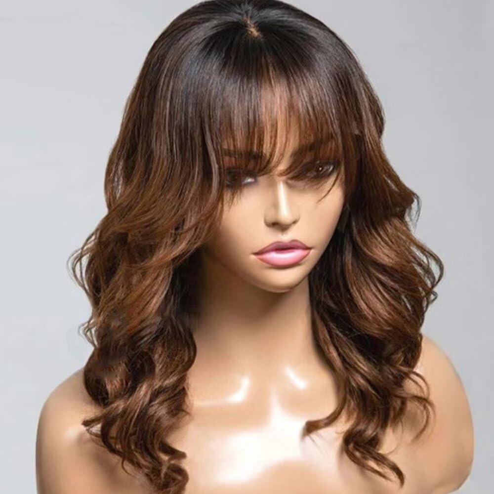 Amazon.com : Ombre Brown Layered Cut Wavy Human Hair Wig  display picture 3