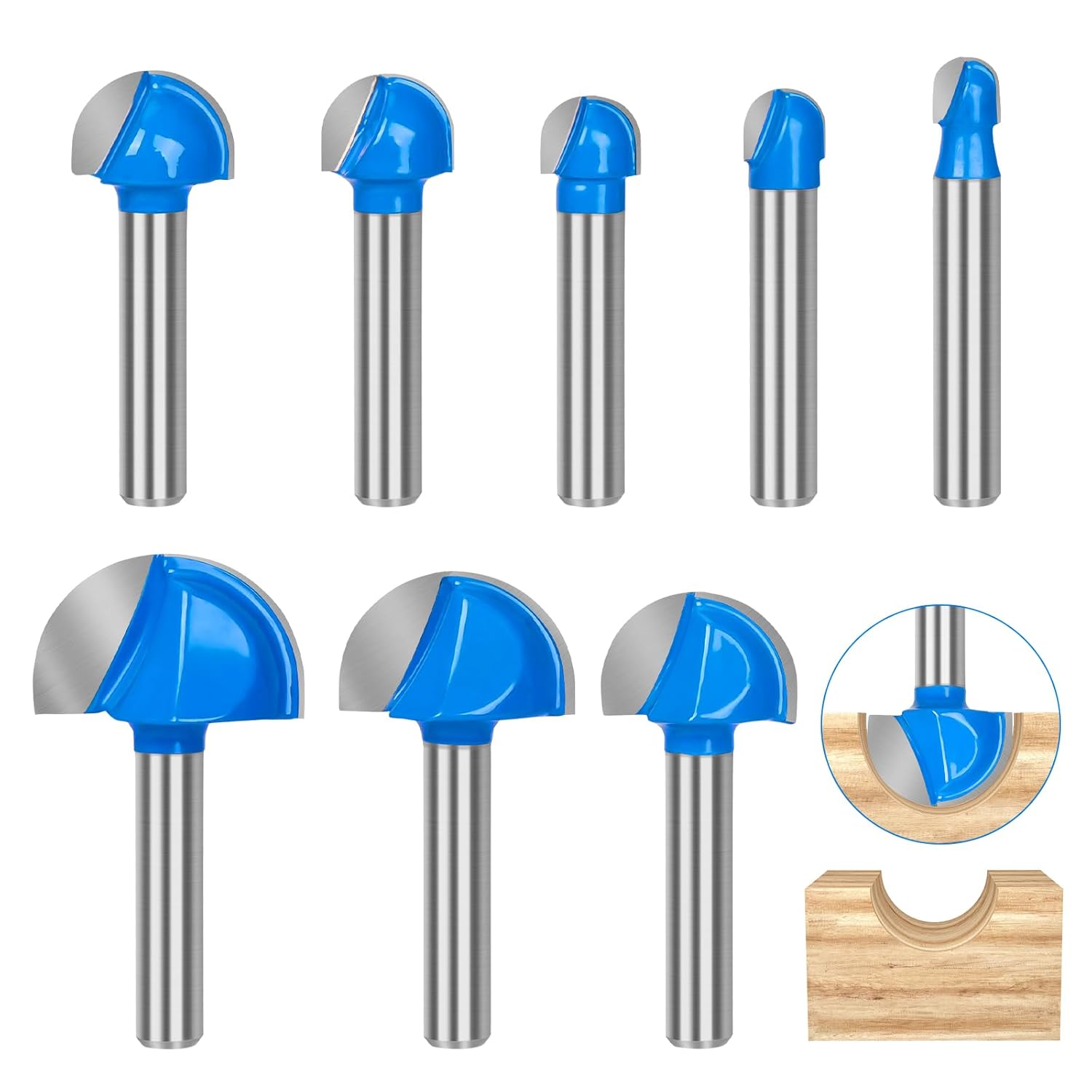Cove Box Router Bit Set-8Pcs 1/4 Inch Shank Solid Carbide Double Flute Cove Box Round Nose Woodworking Tool-1/4 5/16" 3/8" 1/2" 5/8" 3/4" 7/8" 1" Cutting Diameter
