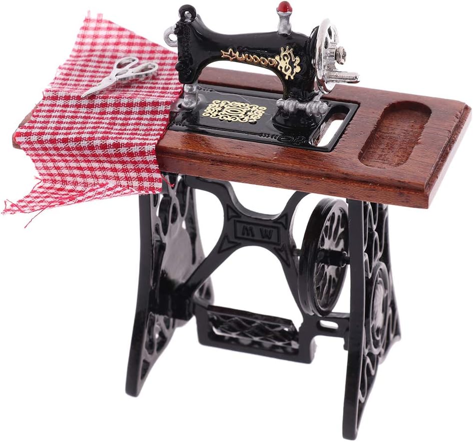 Dollhouse Miniature Vintage Sewing Machine Furniture Exquisite Tailor Themed Decor Accessories for Doll House Scene Layout DIY Mini Craft Ornament Creative Photo Prop 1:12 Scale
