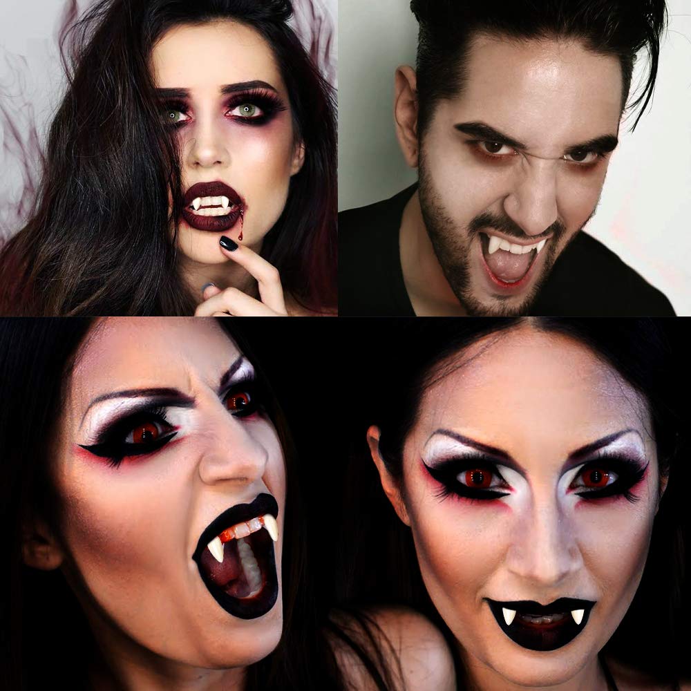 5 Pares De Colmillos De Vampiro De Resina Con Pegamento Y Pinzas, Tamaños Variados, Incluye 3 Tatuajes Temporales De Halloween – Set Completo Para Disfraces Y Cosplay