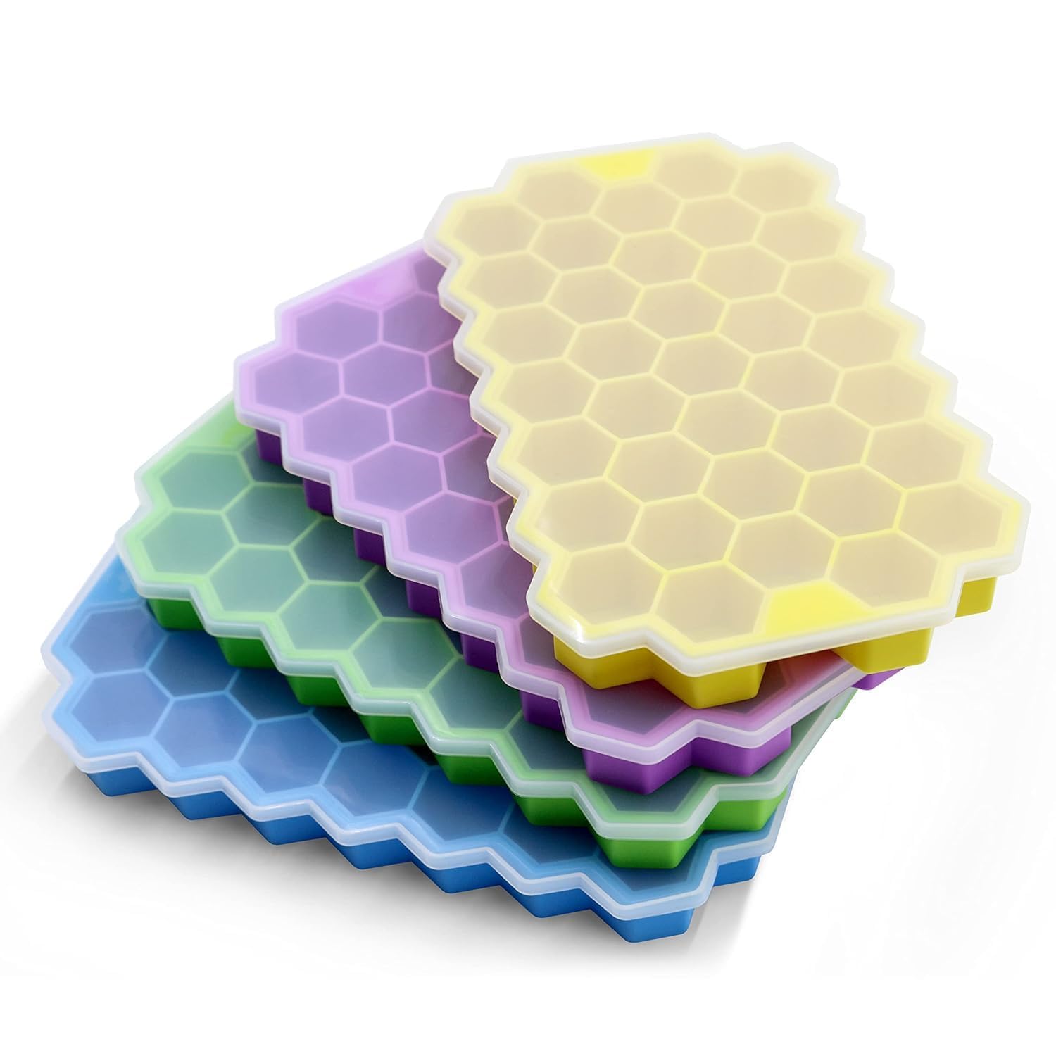 ZOXAR 04 Pack Silicone Ice Cube Trays with Lids Easy-Release Hexagon Ice Maker for Freezer, Reusable Food-Grade Ice Molds for Cocktail Bar, Whiskey, Iced Coffee & Home Kitchen (Multi Color)