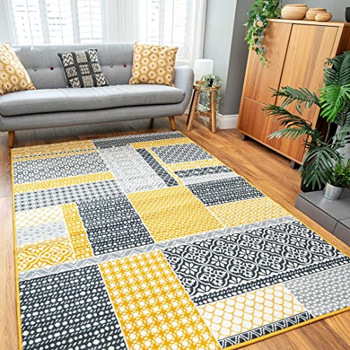 Modern Patchwork Floral Grey Yellow Durable Living Room Area Rug Stain Resistant Carpet Oriental Floral Classic Hallway Kitchen Mat Rugs 60cm x 110cm