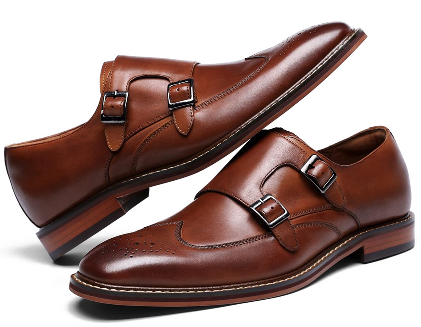 Brogue Scarpe da Uomo in Pelle Elegante Double Monk Strap con Fibbia Casuale Scarpe da Sera Mocassini Nero Marrone