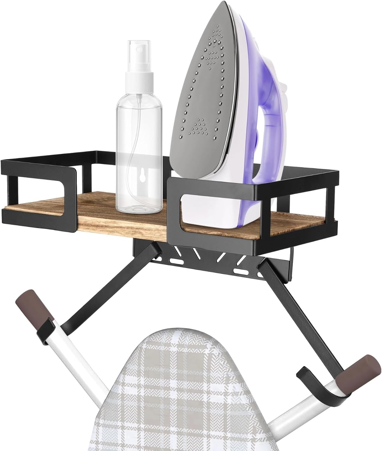 Ironing Board Storage Wall Mount, Metal Frame and Wood Shelf, 30 Capacity, T & V Shaped Hanger, Laundry Room Organizer