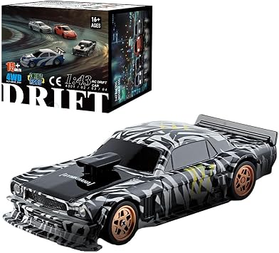 FunXylophy RC Sport Racing Drift Car, 1/43 Scale 2.4G 15KM/H Full Proportional RC Electric Mini Racing Drift Car Model with Lights Kit and Drift Tires Black & White
