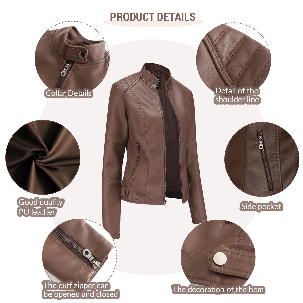 Hiseng Chaqueta de Cuero Sintético para Mujer, PU Chaqueta Cuero Mujer, con Bolsillos con Cremallera, Negra Moda Corta Cazadora, Otoño, Primavera