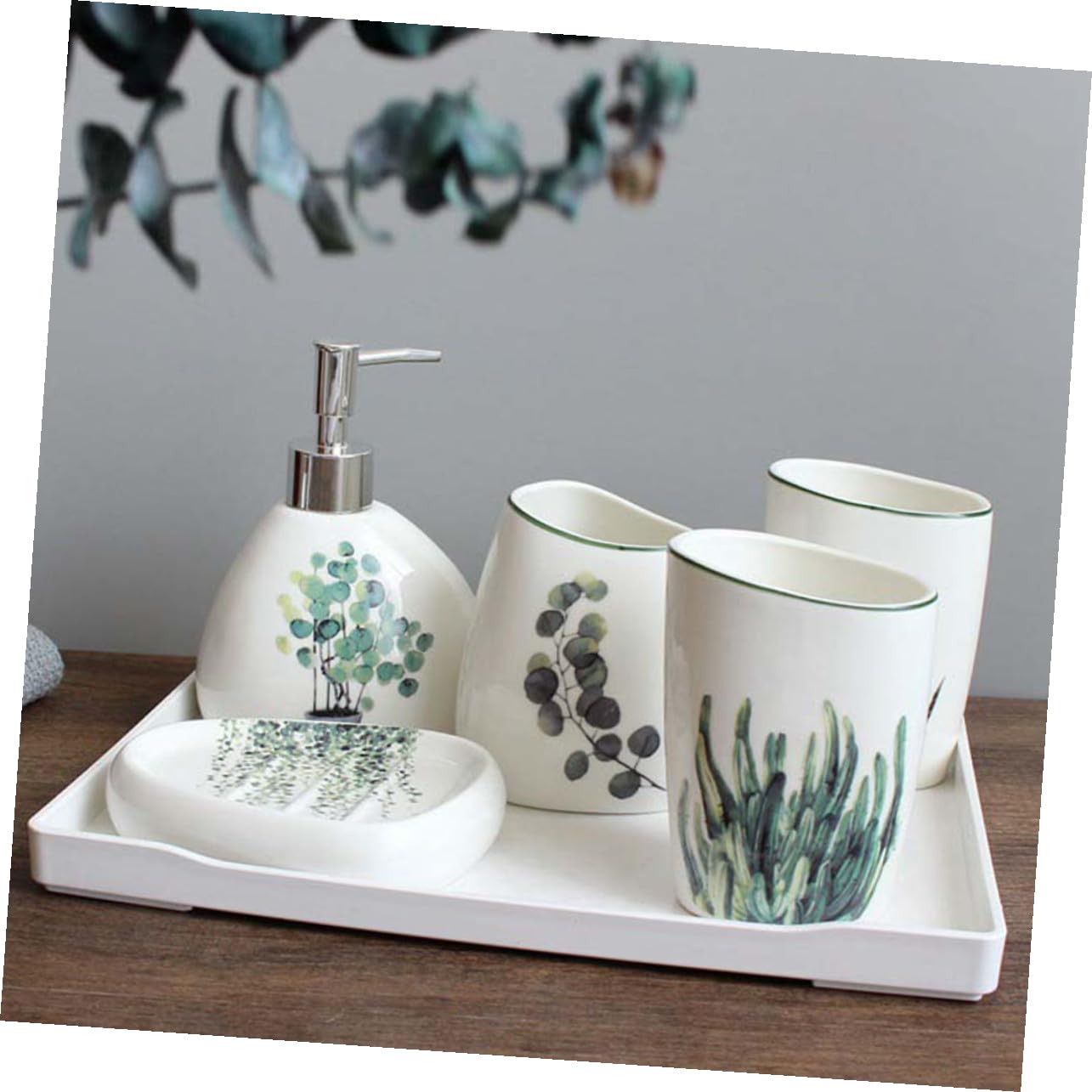 LIFKOME 5 pezzi Accessori Bagno in Ceramica Verde con Porta Spazzolini Flacone Lozione e Vassoio Sapone Superficie Liscia Facile da Pulire Resistente e Decorativo per Bagno Quotidiano