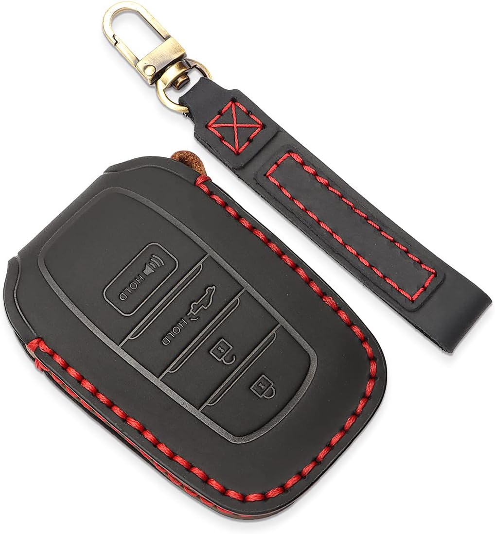 INTGET for 2022-2025 2026 Toyota Tundra Key Fob Cover, for 2023-2025 2026 Sequoia Key Fob Case, for Camry 2025 2026 Leather Key Cover, for 2024-2026 Grand Highlande & Tacoma (Black Leather Red Thread)