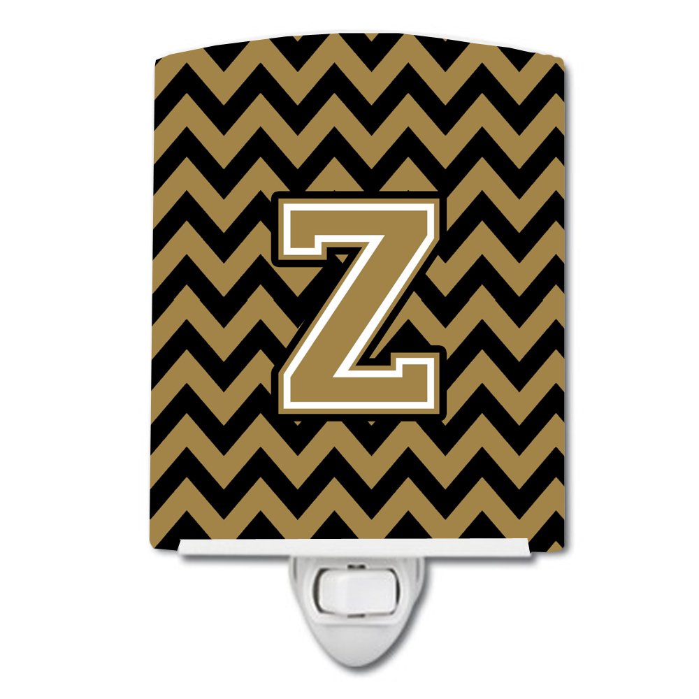 Caroline's Treasures CJ1050-ZCNL Letter Z Chevron Black and Gold Ceramic Night Light Compact, UL-Certified, Ideal for Bedroom, Bathroom, Nursery, Hallway, Kitchen, 6x4x3, Multicolor