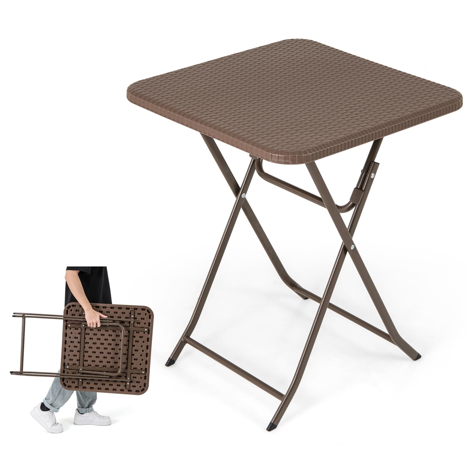 LIFEZEAL Tavolo pieghevole in rattan, tavolino quadrato da 60 cm per esterno con telaio metallico, tavolo portatile da picnic per campeggio